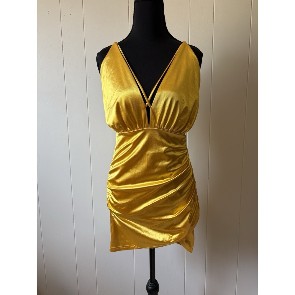 Double Crazy Gold Satin Ruched Bodycon Mini Dress Size M Party Club Y2K